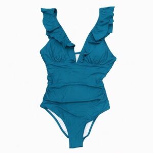 Cupshe Bright Cyan Ruffle Plunge One Piece Swimsuit Size M NWT
